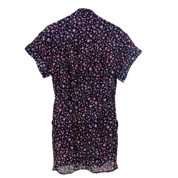 Frame XS Navy Floral Short Sleeve Button Down Mini Shirt Dress w/Slip & Pockets - Picture 2 of 8